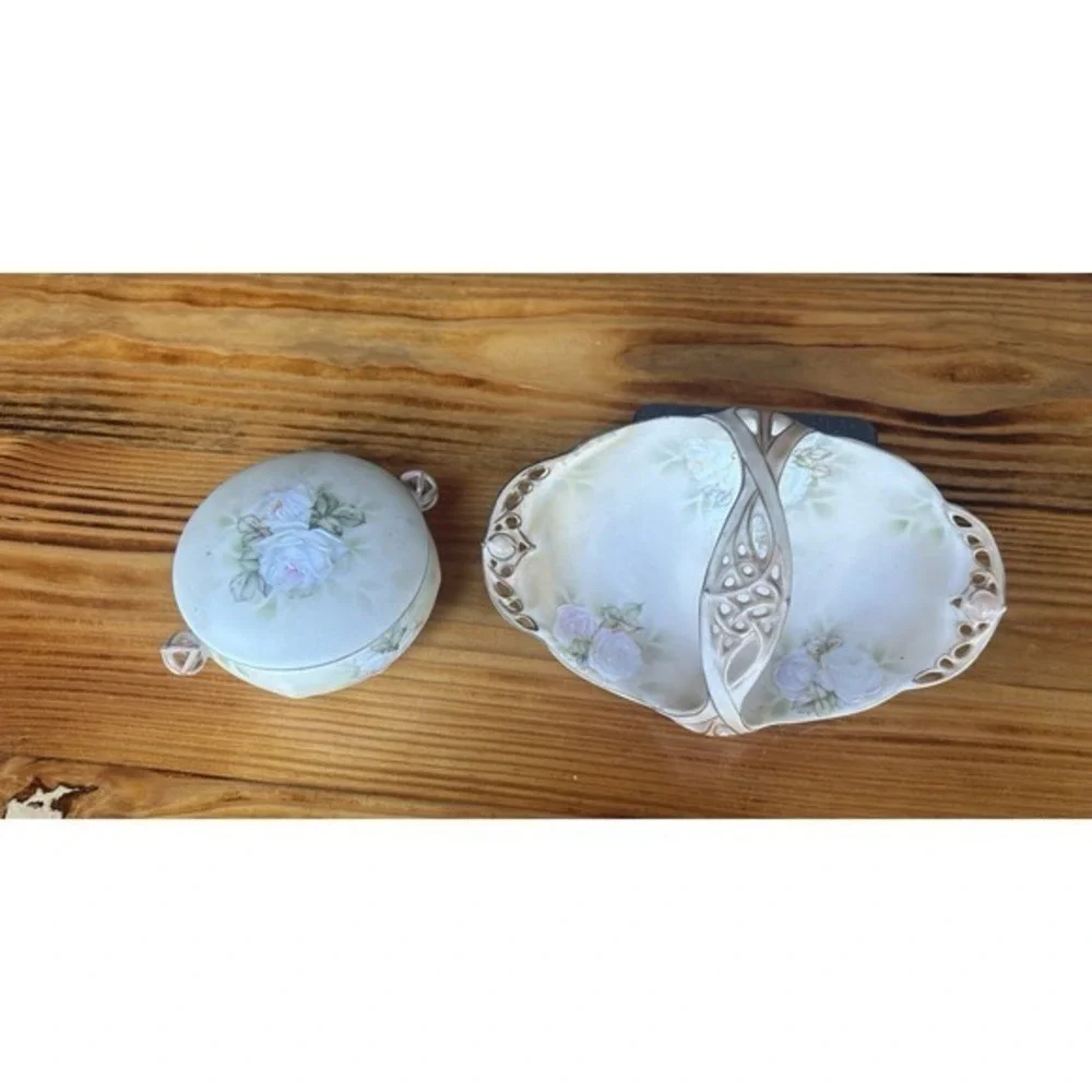 2-PC‎ Antique Bayreuth Bavaria Ivory Vanity Basket & Trinket Dish Artist Signed